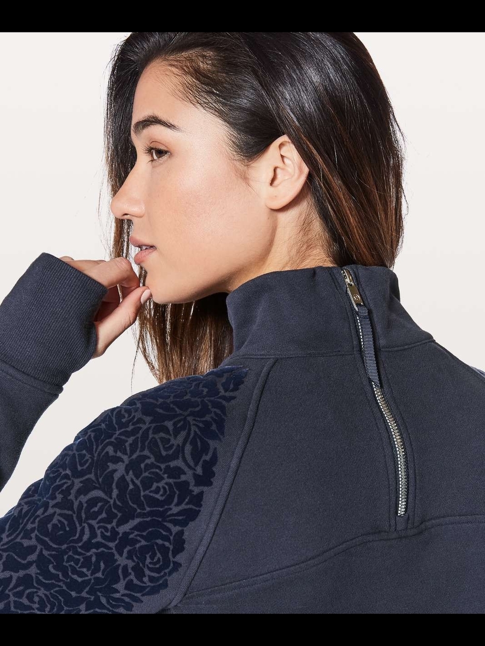 Lululemon Black Velvet Floral Shoulder Flock Half Zip Mock Neck Pullover Size 8